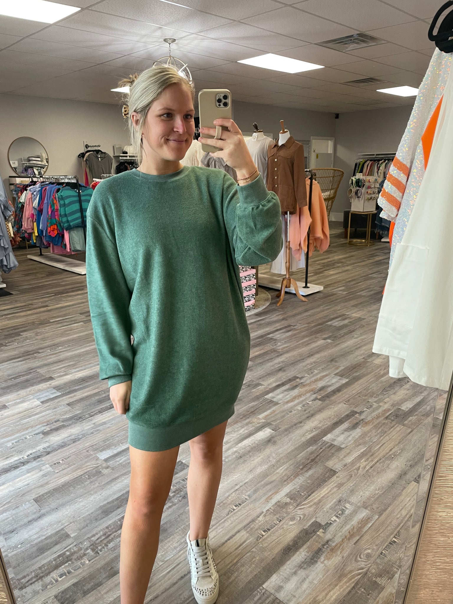 Sweatshirt Mini Dress -  Grey Green