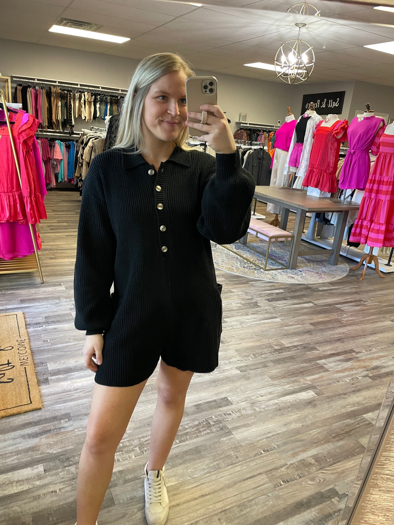 Button Up Long Sleeve Sweater Romper - Black