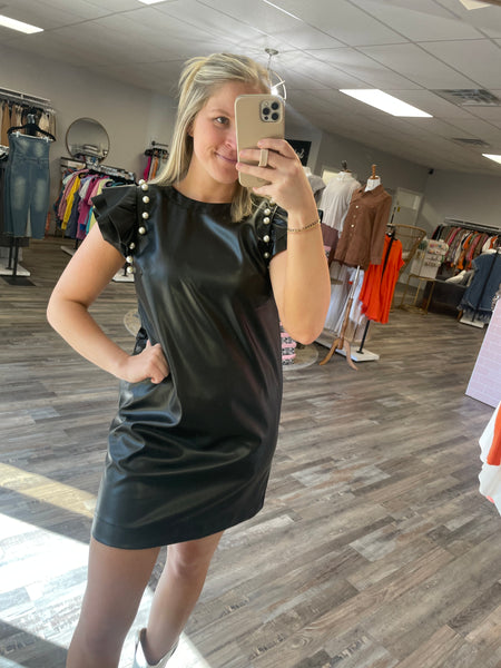 Leather Pearl Accent Dress - Black