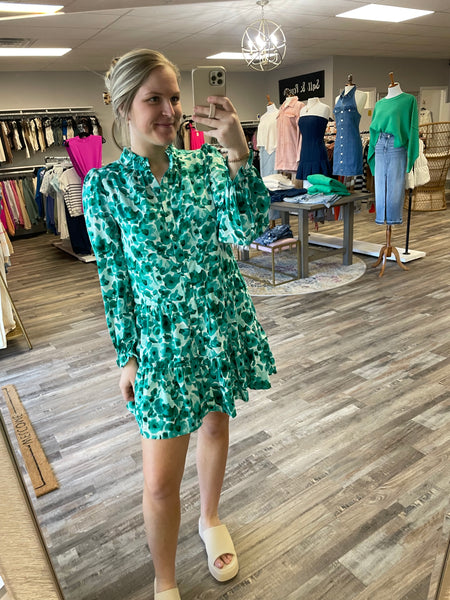 Floral Ruffle Long Sleeve Dress - Green