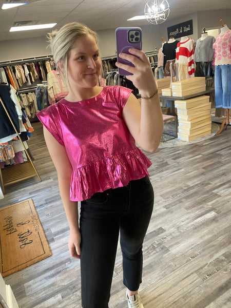 Metallic Peplum Hem Top - Pink