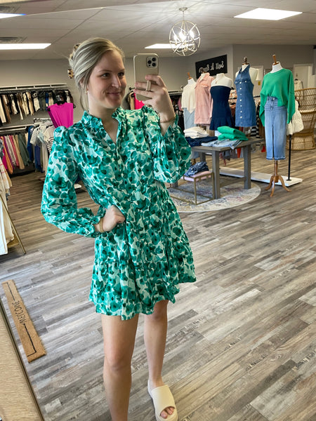 Floral Ruffle Long Sleeve Dress - Green