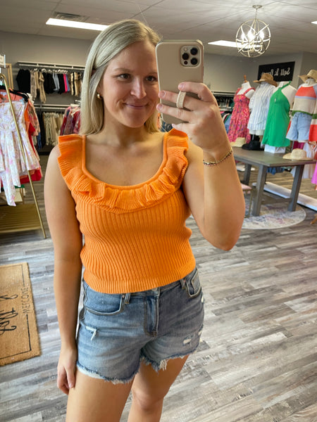 Ribbed Ruffle Top - Orange