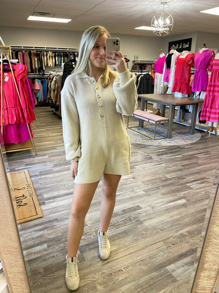Button Up Long Sleeve Sweater Romper - Cream