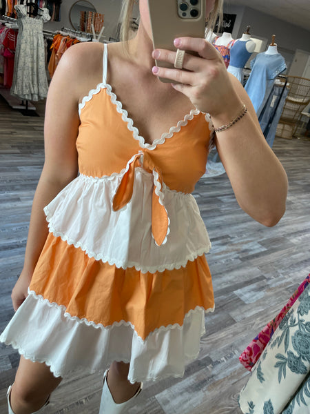 Contrast Tiered Dress - White/Orange