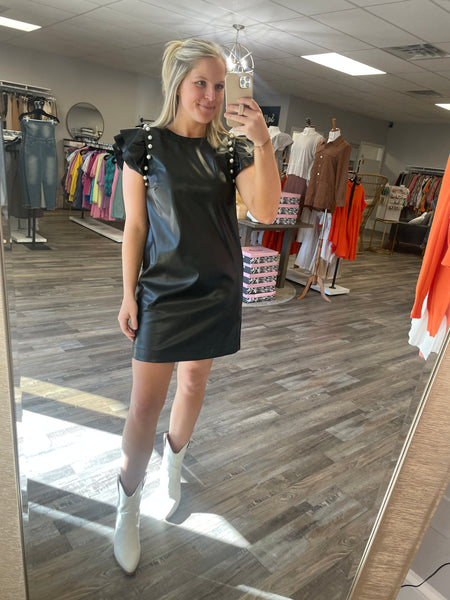 Leather Pearl Accent Dress - Black