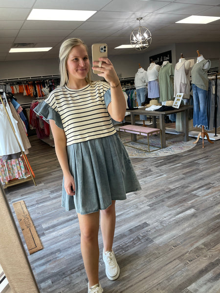 Striped Twofer Denim Dress - Cream