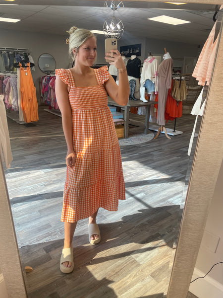 Checkered Midi Dress - Orange