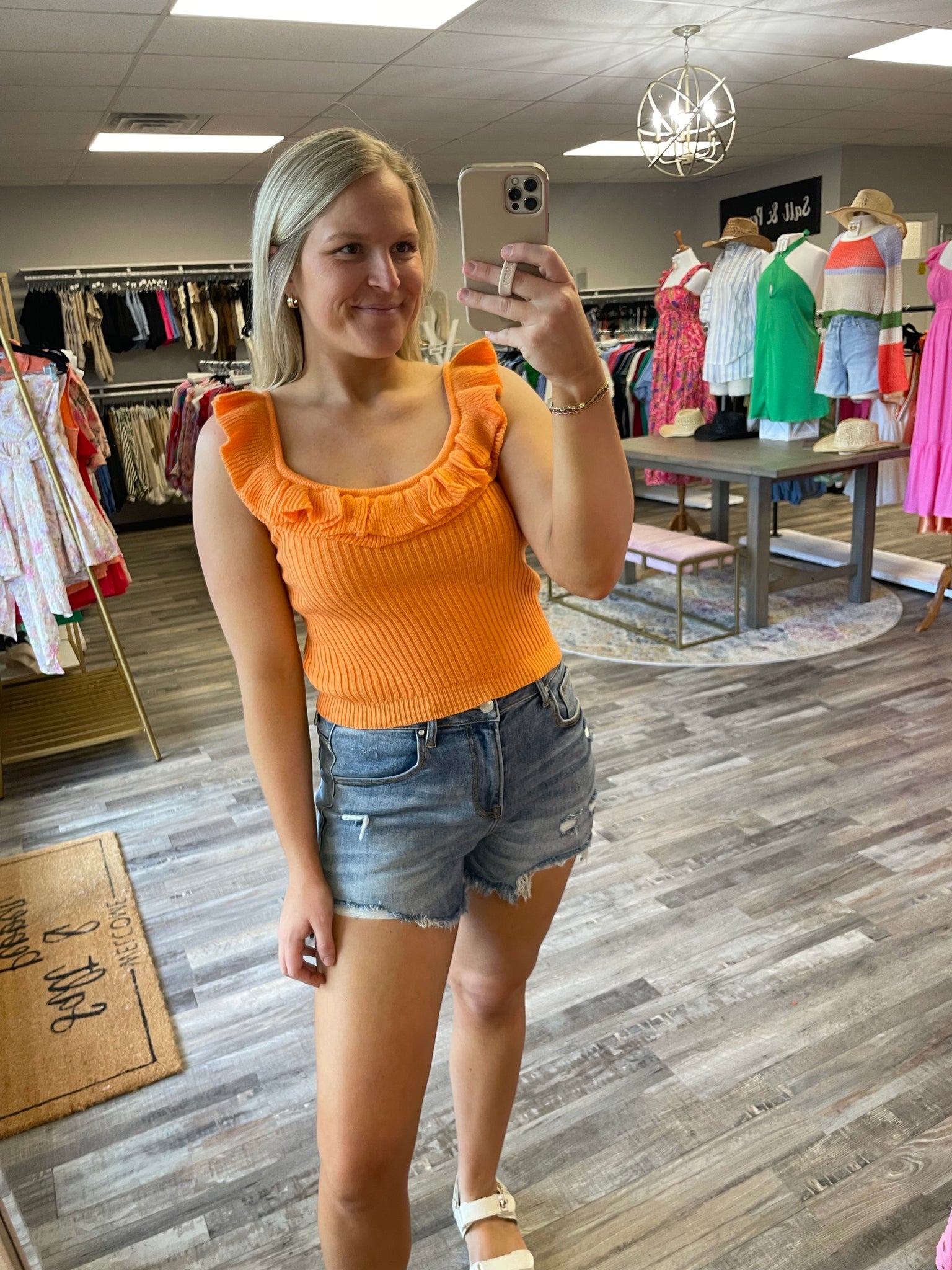 Ribbed Ruffle Top - Orange