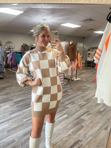 Checkered Mock Neck Sweater Dress - Taupe