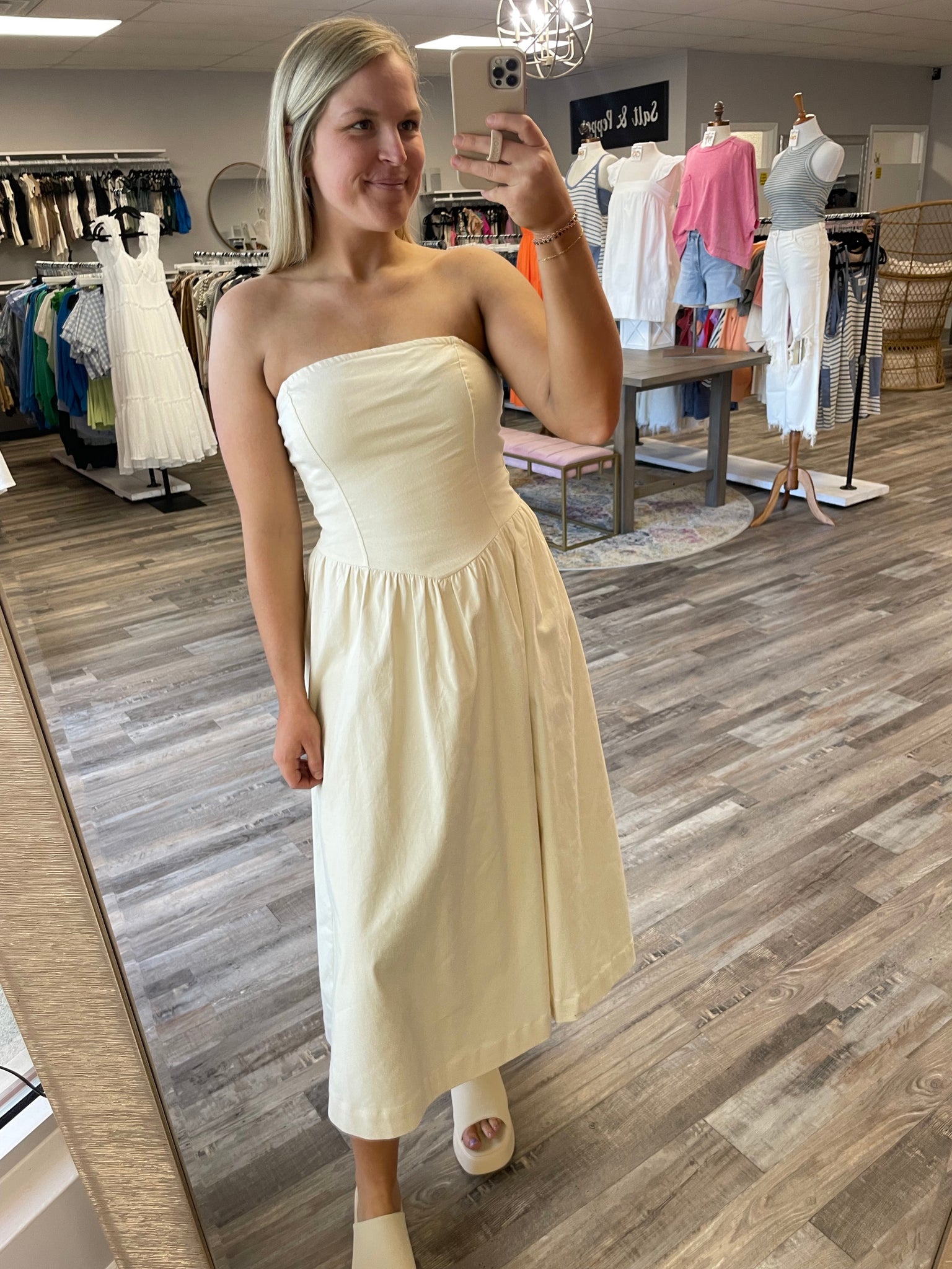 Strapless Midi Flare Dress - Cream