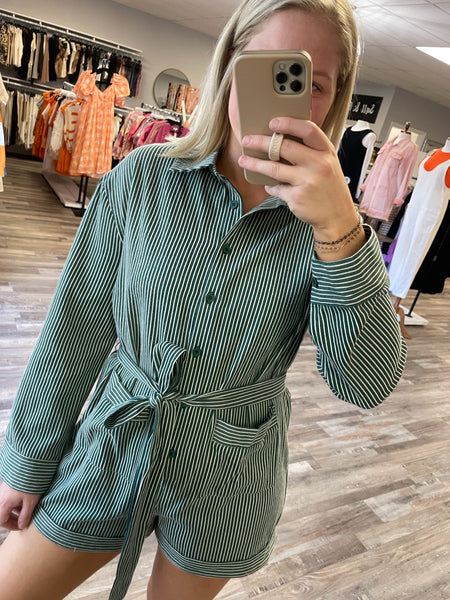 Pin Stripe Long Sleeve Romper - Hunter Green