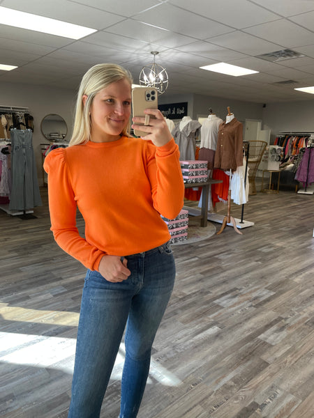 Puff Sleeve Crew Neck Sweater - Tangerine