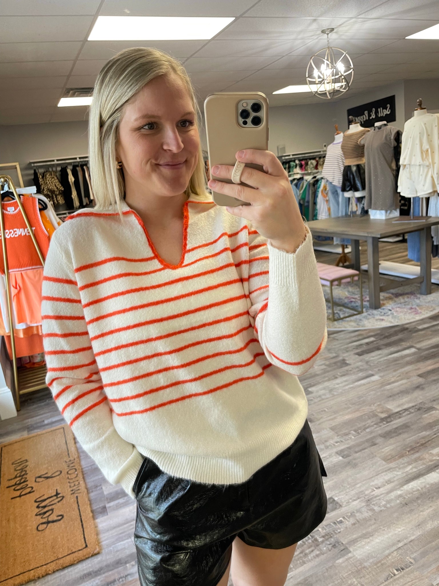 Polo Collar Striped Sweater - Orange/Ivory