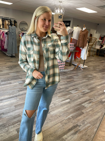 Plaid Button Up Top - Green Multi