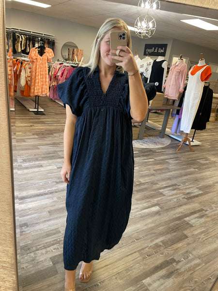 Textured Puff Sleeve Midi Dress - Navy