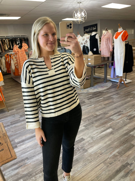 Stripe Split Neck Sweater - Cream