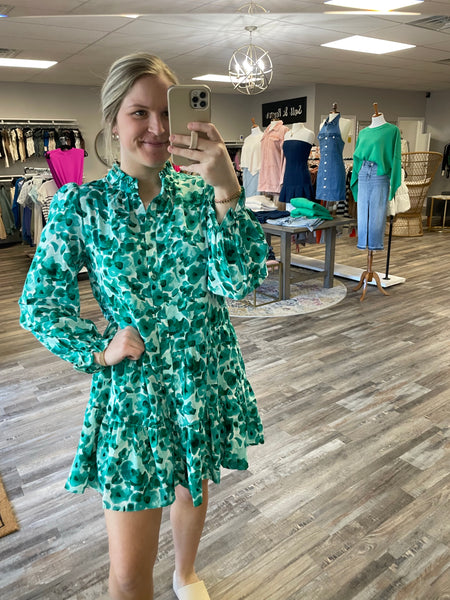 Floral Ruffle Long Sleeve Dress - Green