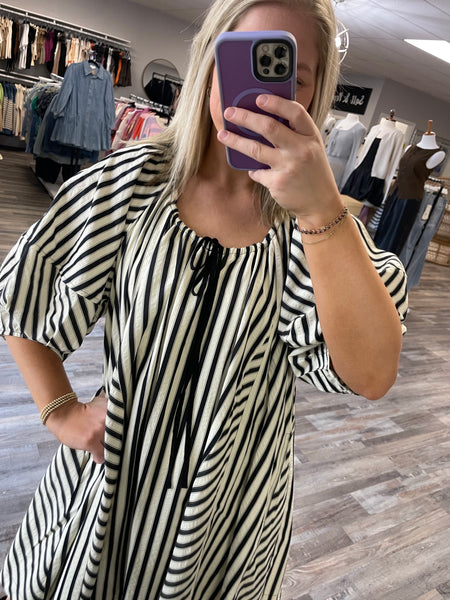 Half Sleeve Striped Mini Dress - Black