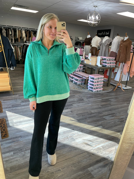 Rib Knit Quarter Zip Pullover - Kelly Green