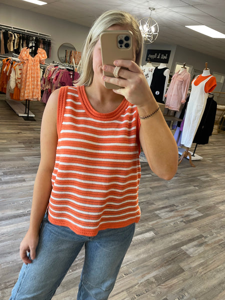 Striped Sweater Tank - Orange/White