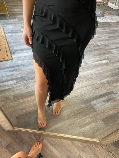 Strapless Frill Fitted Midi Dress - Black