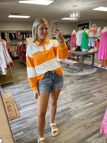 Striped Polo Style Long Sleeve - Orange/White