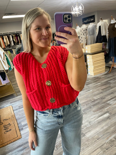 Button Knit Sweater Vest - Red