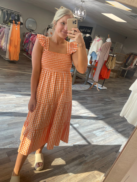 Checkered Midi Dress - Orange