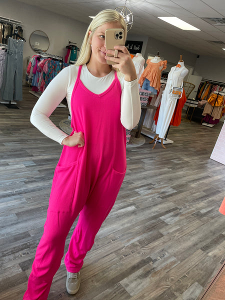 V-Neck Ribbed Knit Jumpsuit - Fuchsia