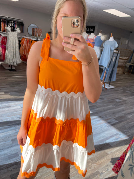 Tie Strap Rick Rack Trim Dress - Orange/White