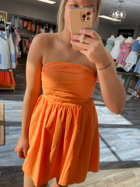 Strapless Pleated Dress - Orange