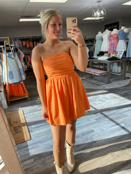 Strapless Pleated Dress - Orange