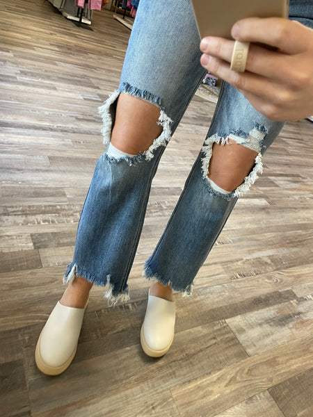 High Rise Distressed Knee Crop Jean - Medium Wash | Risen Jeans