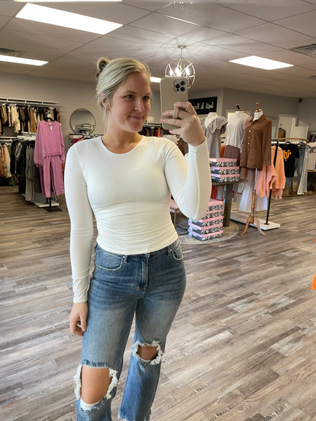 Long Sleeve Round Neck Top - Ivory