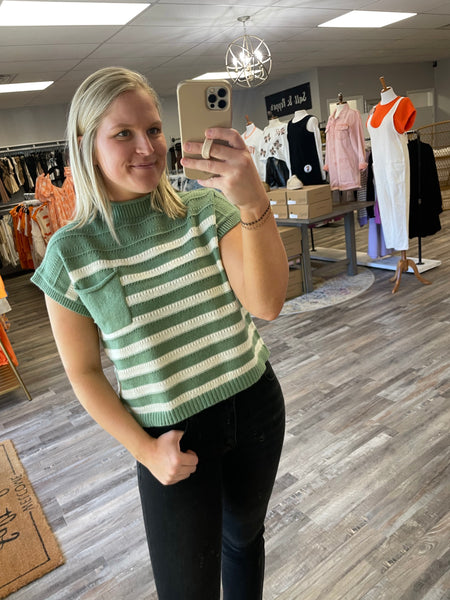 Striped Sweater Vest - Green/White