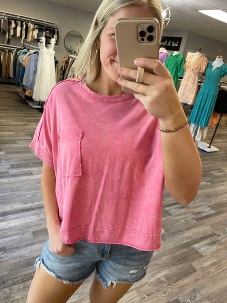 Oversized Washed Short Sleeve Top -  Pink