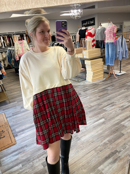 Twofer Sweatshirt & Plaid Skirt Dress - Ecru