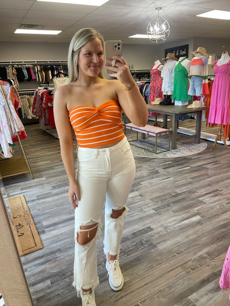 Rib Striped Twist Knot Bandeau Top - Orange/White