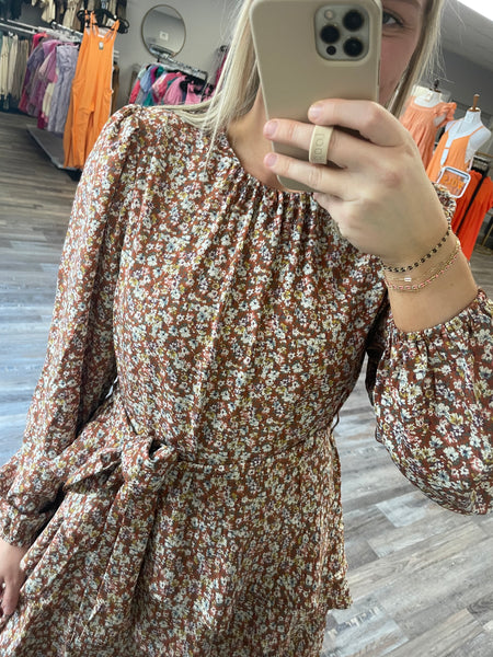 Floral Long Sleeve Mini Dress - Rust
