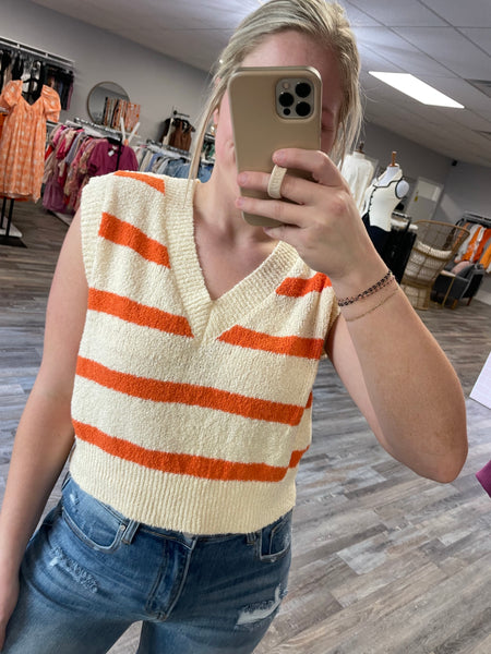 Striped V-neck Sweater Vest - Cream/Orange