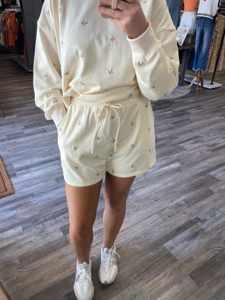 Bow Embroidered Sweat Shorts - Cream/Taupe