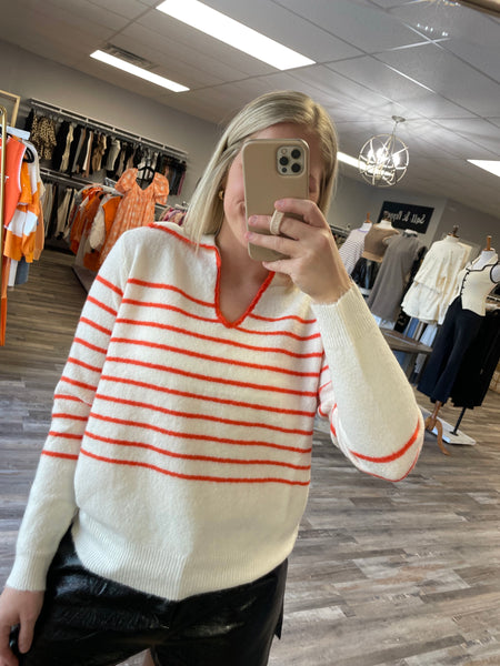 Polo Collar Striped Sweater - Orange/Ivory