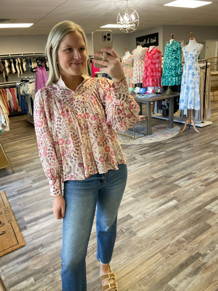 Floral Pattern Long Sleeve Top - Cream/Pink