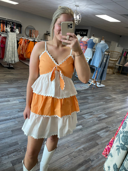 Contrast Tiered Dress - White/Orange