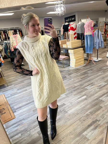 Cable Knit Sweater Dress - Cream