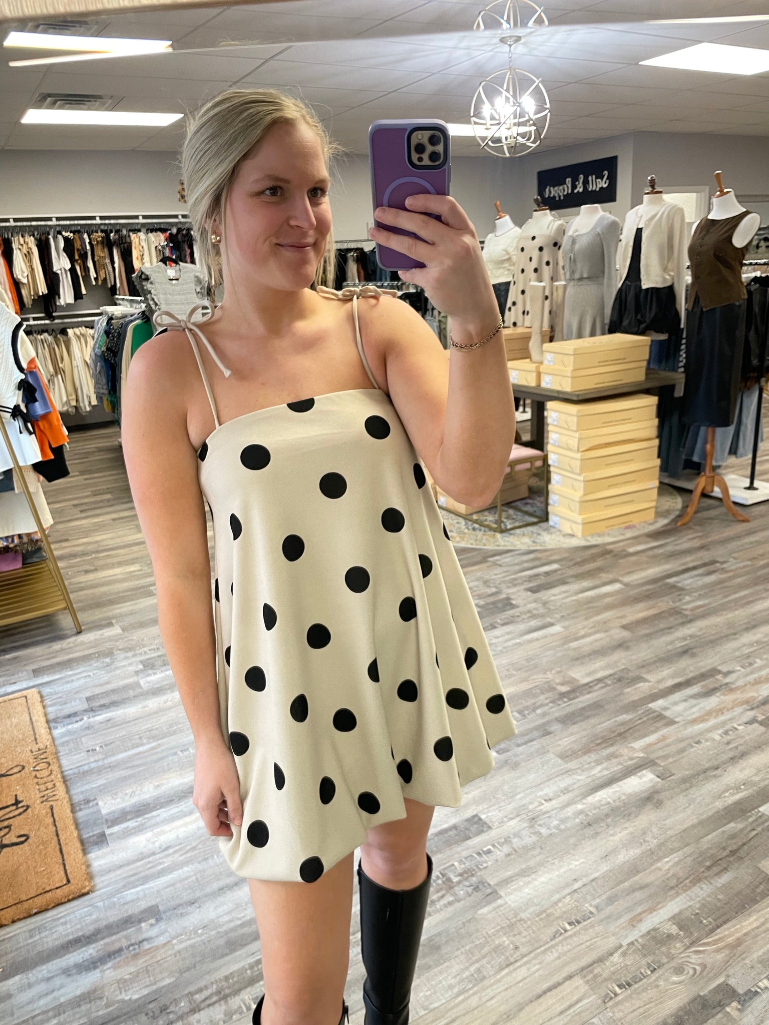 Polka Dot Bubble Hem Dress - Taupe/Black