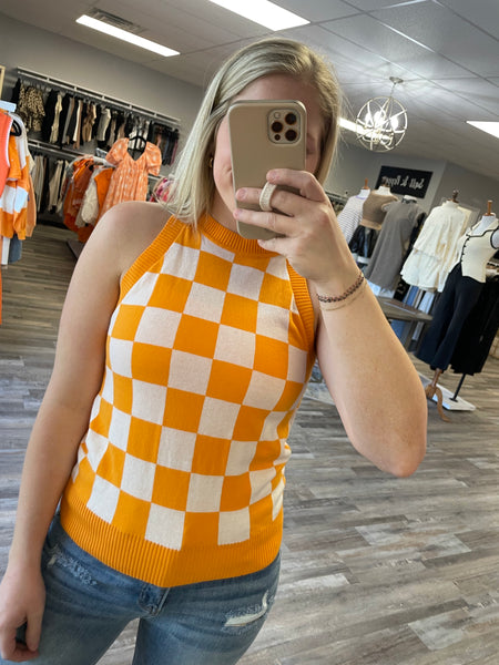 Checkerboard Halter Sweater Knit Top - Orange/White