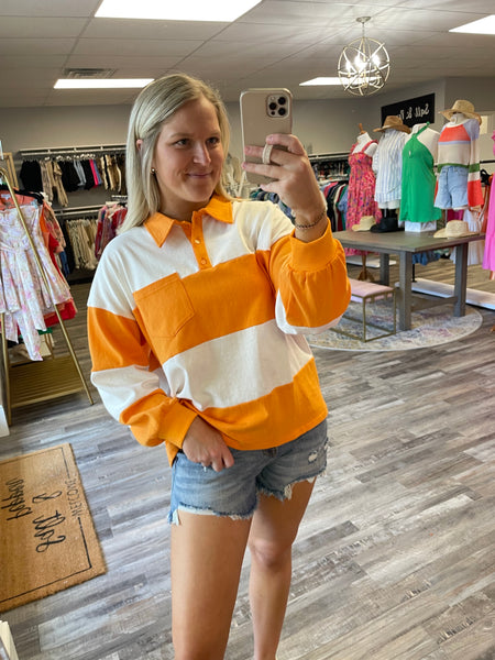 Striped Polo Style Long Sleeve - Orange/White