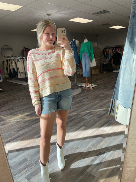 Striped Long Sleeve Knit Sweater - Cream/Pink